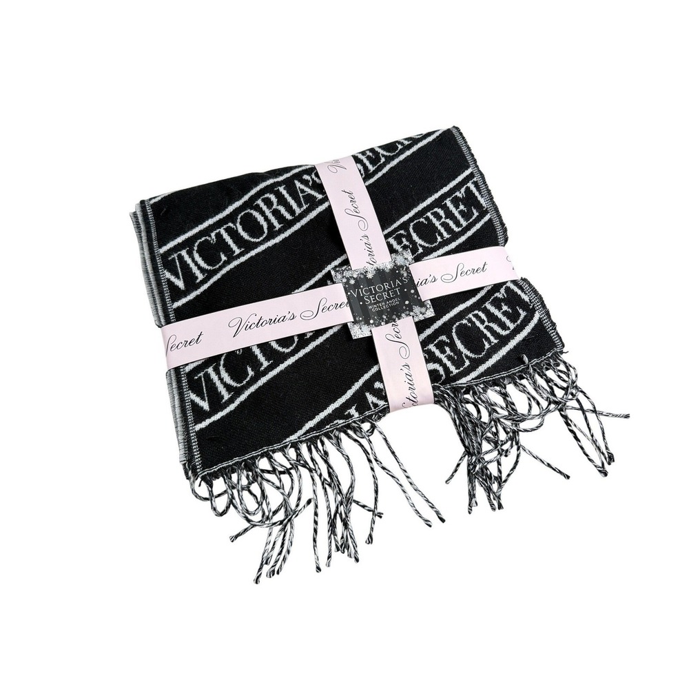 Victoria's Secret Winter Angel Black Logo Stripe Fringed Scarf NWT